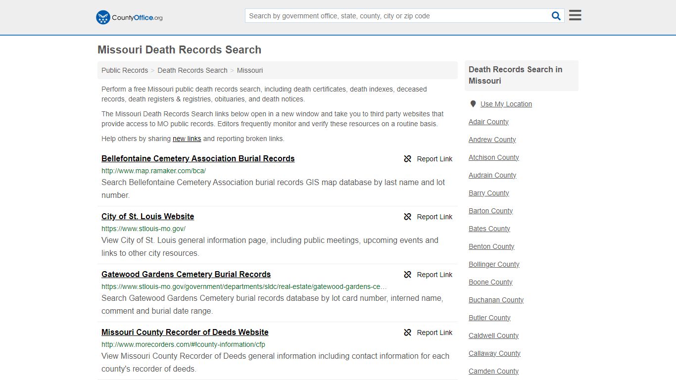 Missouri Death Records Search - County Office
